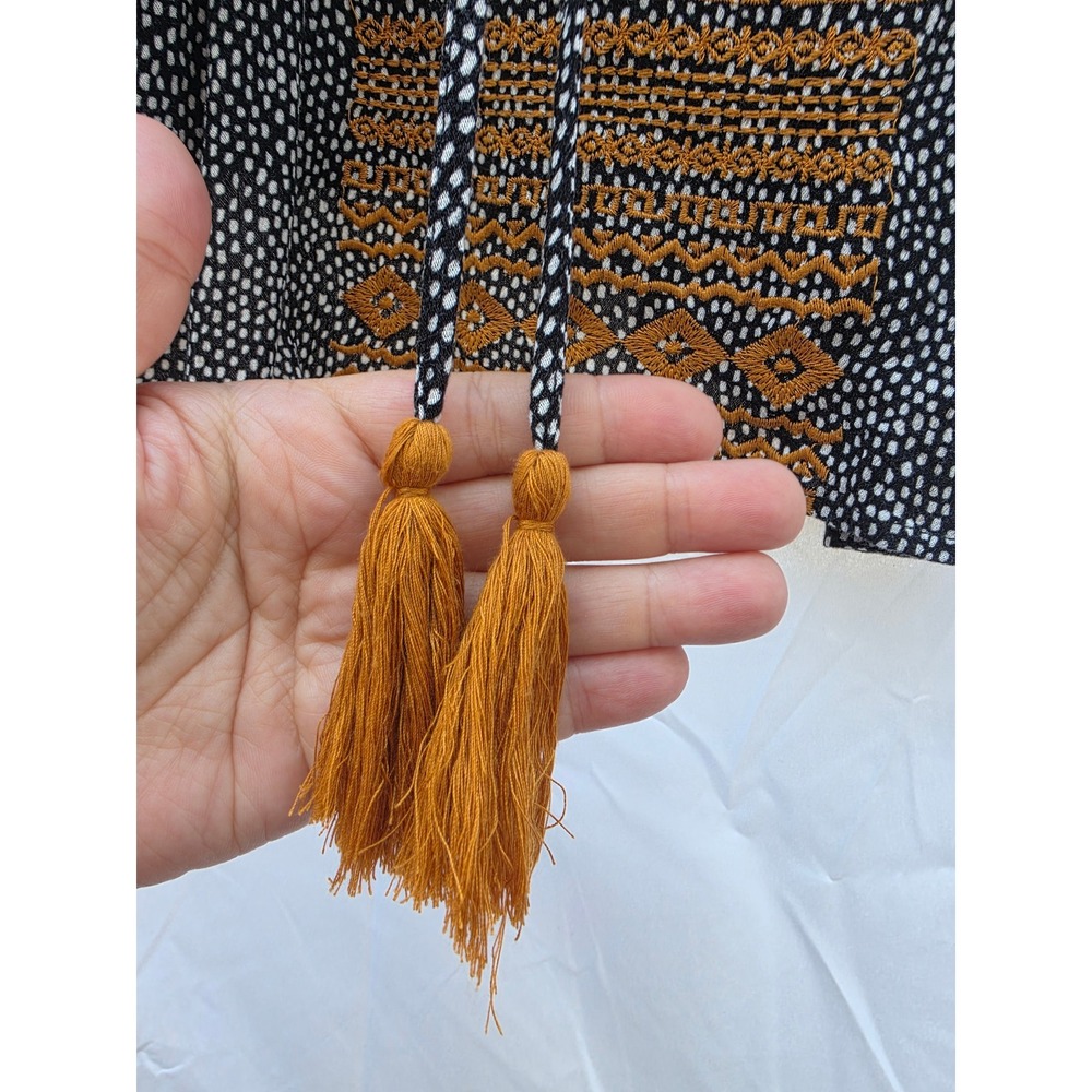 THML Womens XS Embroidered Tassel Tie Tank Top Black Orange Boho Rayon NT043 - Picture 4 of 9